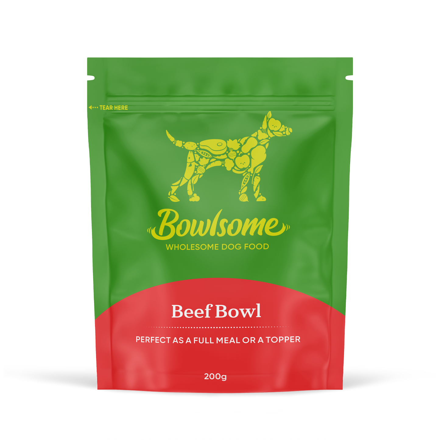Pouch of dog food that reads "Bowlsome - Wholesome Dog Food, Beef Bowl"
