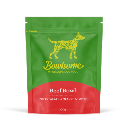 Pouch of dog food that reads "Bowlsome - Wholesome Dog Food, Beef Bowl"