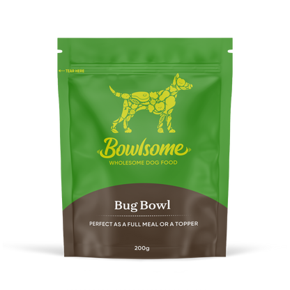 Pouch of dog food that reads "Bowlsome - Wholesome Dog Food, Bug Bowl"