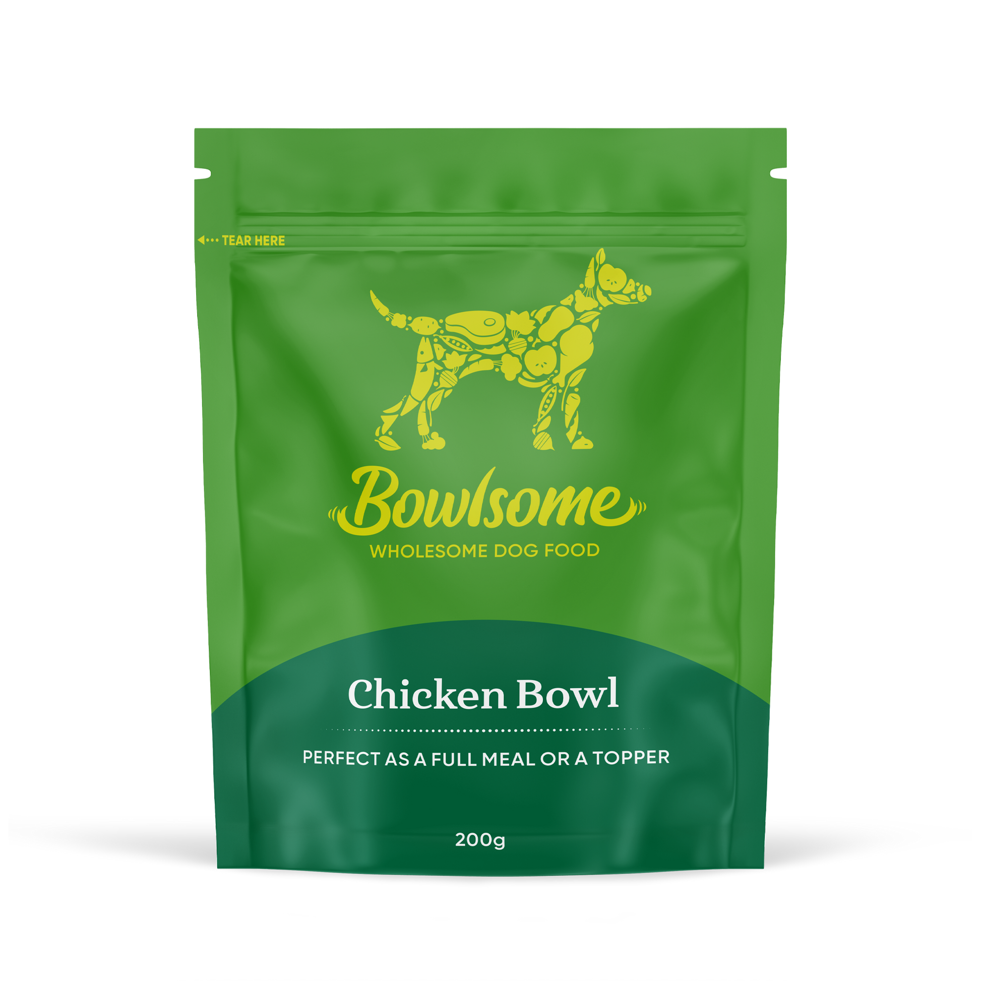 Pouch of dog food that reads "Bowlsome - Wholesome Dog Food, Chicken Bowl"