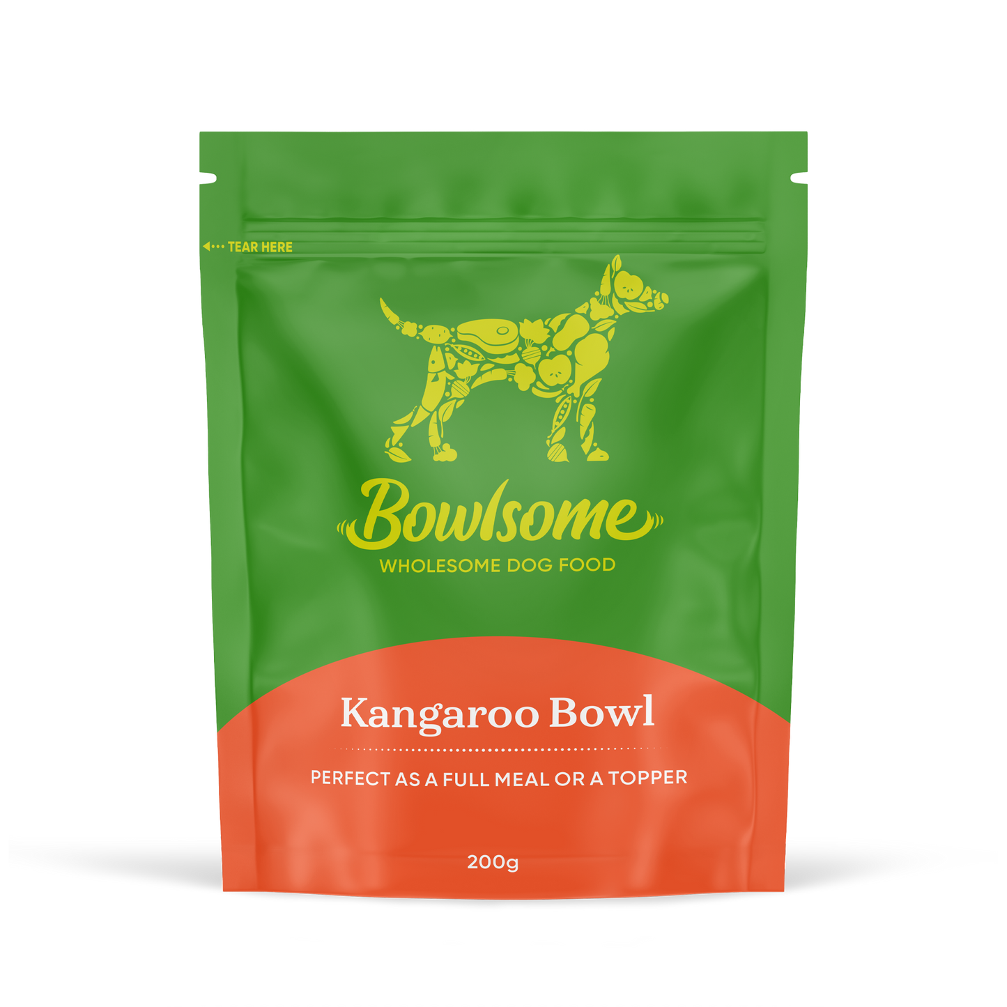 Pouch of dog food that reads "Bowlsome - Wholesome Dog Food, Kangaroo Bowl"