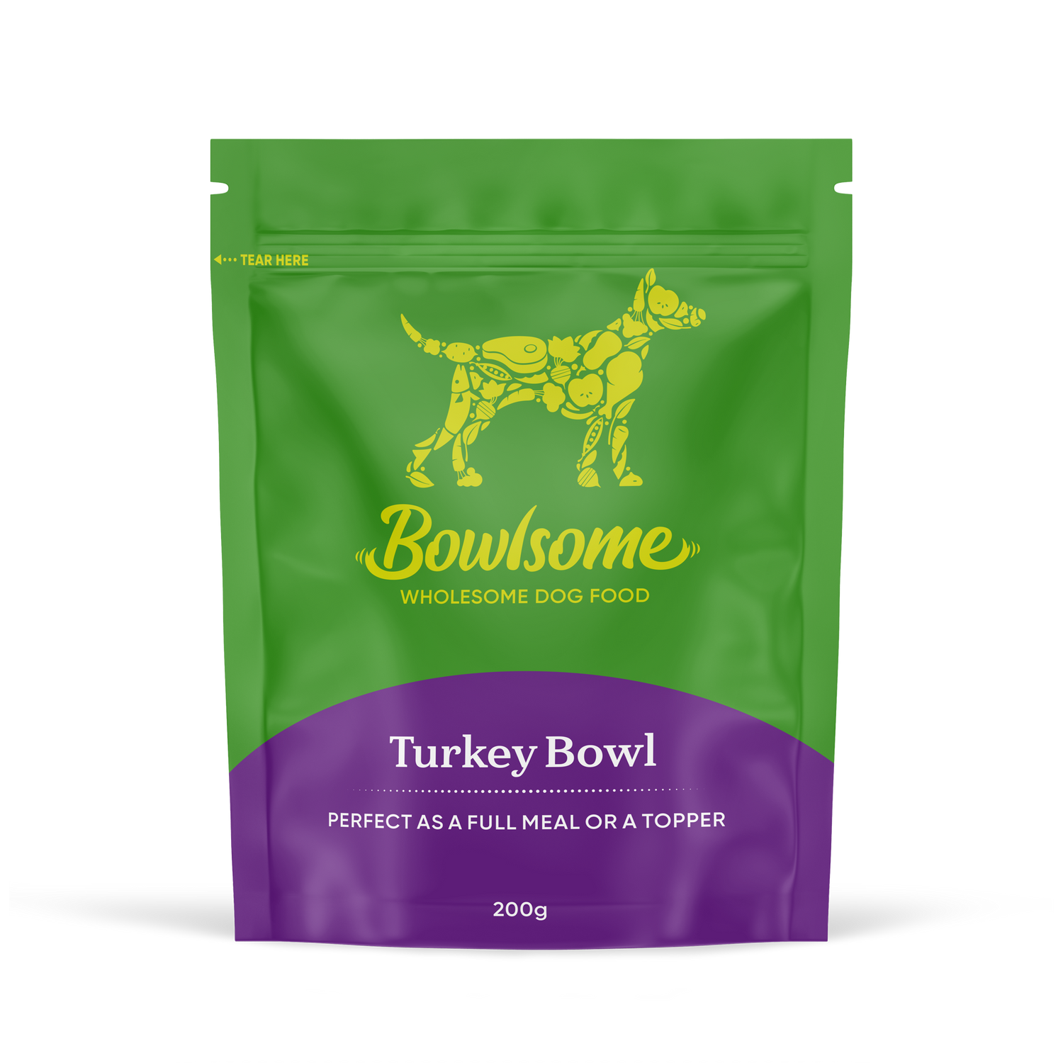 Pouch of dog food that reads "Bowlsome - Wholesome Dog Food, Turkey Bowl"